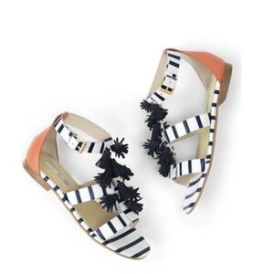 Boden Sandals Womens 6.5 White Leather Navy Stripes Tassel Summer Nautical Shoes